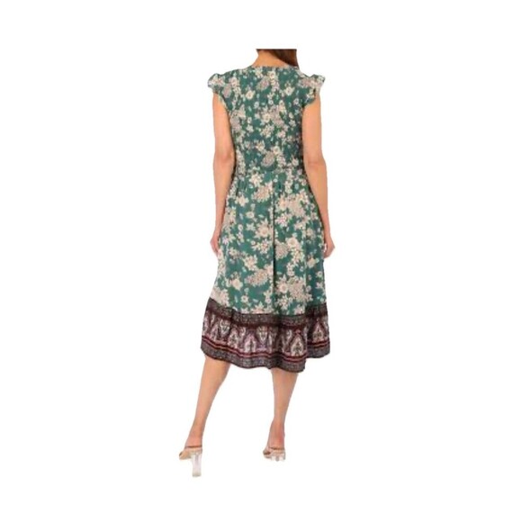 Luxology Green Floral Boho Midi Dress Large Smocked Top Tie Belt - Picture 2 of 9